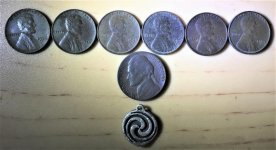 13. The wheat cents I found at both lakes, & the 1940 nickel & pendent.jpg