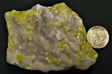 Calcite & Sulfur, Cianciana Mine, Agrigento Province, Sicily, Italy, US silver dollar for scal...JPG