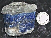 Sodalite with Lapis, Kokcha Valley, Badakhshan, Afghanistan, US Dime for scale, natural light.JPG