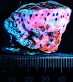 Lazurite spots in sodalite on phlogopite, Badakhshan, Afghanistan, LW 365nm.jpg