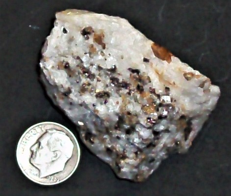 Norbergite & Calcite, Franklin Qy., Franklin, Sussex Co., NJ, US dime, natural light.JPG